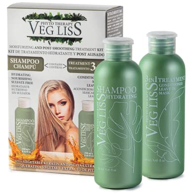 VegLiss Kit Post Alisado Brasileño - Pack Hidratante de Cabello, Cuida el Alisado de Keratina y Repara el Cabello Dañado - Champú y Tratamiento Vegano 3 en 1 Sin Sulfatos ni Parabenos
