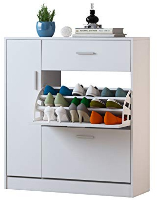 Shoe Cabinet with 2 Drawers, Pull Down Wooden Shoe Storage Organizer Cupboard 20 Pairs Shoes Rack Cabinet Footwear Rack Stand Hallway Furniture 84 x 30 x 91cm (White)
