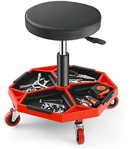 GiantexUK Pneumatic Rolling Mechanic Stool, Adjustable Roller Seat with Removable Tool Tray and 4 Universal Casters, Swivel Padded Chair for Garage Workshop Auto Repair Shop