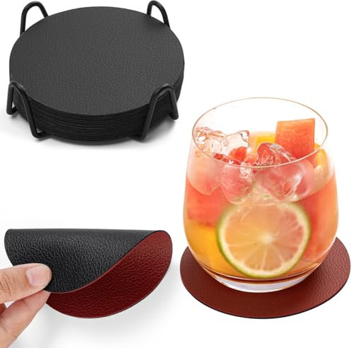 Chitomars Untersetzer Gläser 12er Set, Doppelseitigen Untersetzer Gläser Glasuntersetzer Getränkeuntersetzer rutschfest Untersetzer Leder Kunstleder Lederoptik Untersetzer (Schwarz Rot, Rund)
