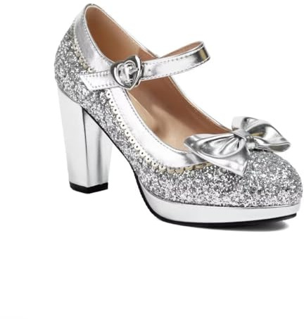 Elyffany Woman Fashion High Heeled Mary Jane Shoes Sparkly Sequins Glitter Bow Pumps, Silver, 6.5 UK