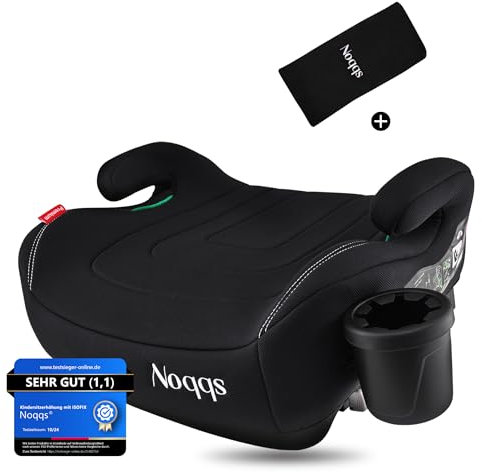Noqqs® Premium Kindersitzerhöhung Auto mit ISOFIX – Testsieger “SEHR GUT (1,1)” – Kinder 125–150 cm – neueste Norm ECE R129/i-Size – leicht & waschbar – inkl. Gurtpolster & Getränkehalter