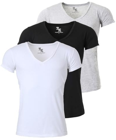 Young & Rich Herren Uni T-Shirt mit extra tiefem V-Ausschnitt Slimfit Stretch Dehnbare Passform einfarbiges Basic Shirt - 3er Pack, Grösse:XL, Farbe:Weiß/Schwarz/Hellgrau