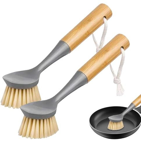 FVPKYUR Épurateurs de Cuisine pour Vaisselle, Brosse à Vaisselle, Brosse à Vaisselle de Cuisine écologique 2 pièces à Long Manche, Brosse à Bouteilles en Bois, Brosse de Nettoyage Polyvalente et