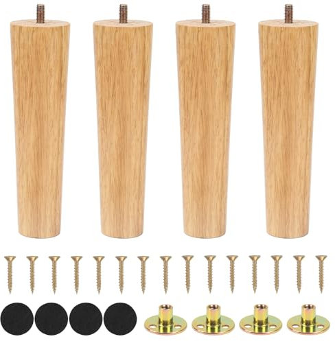 FOGAWA 4 Stück Möbelfüße Holz Rund Tischbeine 18cm Holzfüße für Möbel Massivholz Möbelfüße Konisch Ersatz Schrankfüße Holzbeine für Möbel mit Montageplatte Gummipads für Sofa Bett Schrank Couch Stuhl