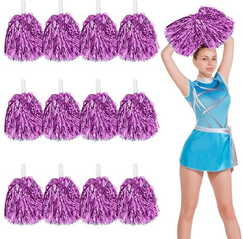 12pcs Cheerleading Pom Poms with Handle Cheerleader Pompoms Metallic Foil Pom Poms Cheerleader Outfit Accessories for Sports Team Spirit Cheering Party Dance Night Party (Rose Red)