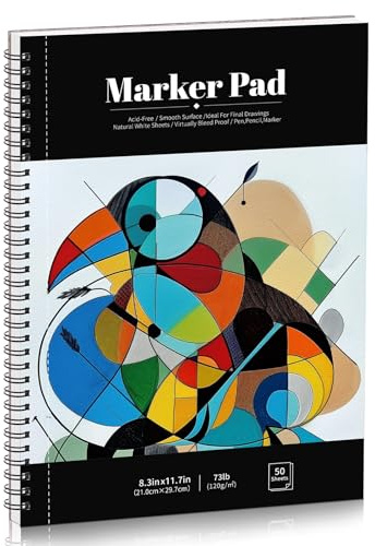 50 Sheets Marker Paper Pad, A4 Bleedproof Art Sketch Pad, 73lb/120gsm Drawing Paper Spiral Sketch Book, Painting Coloring Alcohol Marker Paper for Beginners, Artists, Gift