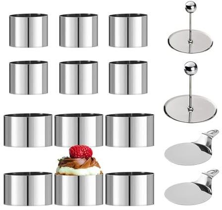 FLEAGE 12 Stück Dessertringe Set, Edelstahl (8cm + 6cm) - Perfekt für Mousse, Torten & Backen - Inkl. Stampfer & Schablonen, Spülmaschinenfest (12)