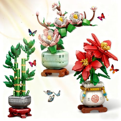 Botanicals 3 Bonsai Flowers Building Blocks Set, Lucky Bamboo-Red Poinsettia-Pink Orchid Artificial Flower Bouquet Building Bricks Toy, Plants Decor Ideal Valentine's Day Gift for Lover (1576PCS)