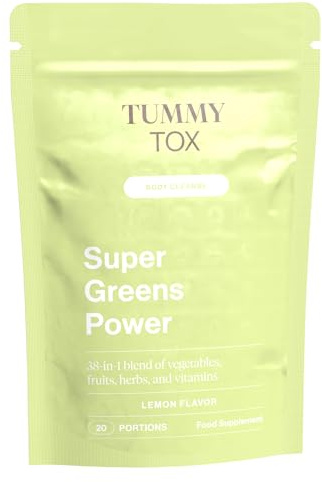 TummyTox Super Greens Power en Polvo con Inulina, Clorofila, Alcachofa, Achicoria, Spectra, Colina, Guarana, Te Verde y Vitaminas – Inmunidad, Energía, Digestión – Sabor a Limón, 300 g