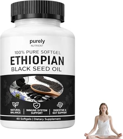 Purely Nutrient Ethiopian Black Seed Oil Capsules, 60 Double Premium Black Seed Oil Organic Cold Pressed, Purely Ethiopian Black Seed Oils, Natural Ingredients, for Men and Women (1 Bottle)