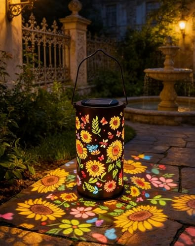 Colorful Sunflower Glow Solar Garden Lantern, Garden Decor Gift - Hanging Sunflower Lantern Lights with Colorful Projection, LED Solar Lanterns Outdoor Waterproof, Yard Patio Backyard Porch Decor