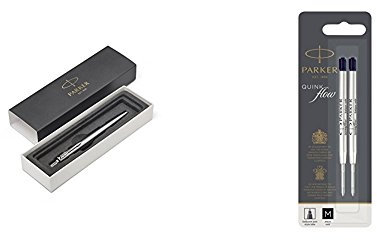 Parker Jotter Stainless Steel CT Ballpoint Pen, Gift Box with Quinkflow Ball Pen Refill Medium Nib Black, Pack of 2
