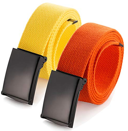 Up to 132 cm Waist Adjustable Belt with Robust Black Military Buckle (16 Colours and Combination Options), 2 Pack Yellow/Orange,