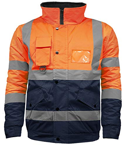 High Visibility Safety Security Reflective Protective Waterproof Workwear Bomber Jacket Fluorescent (XL, Orange/Navy)