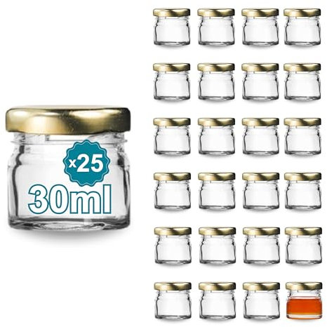 Espirito Rebelde Lot de 25 bocaux en verre vides avec couvercle à visser doré 30 ml avec couvercle doré Idéal pour confitures, conserves, miel