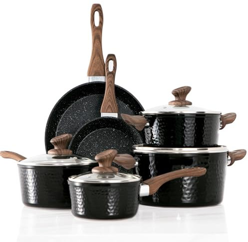 Induction Kitchen Cookware Sets - 15 Piece Hammered Granite Cooking Pans Black Nonstick Pots and Pans Set