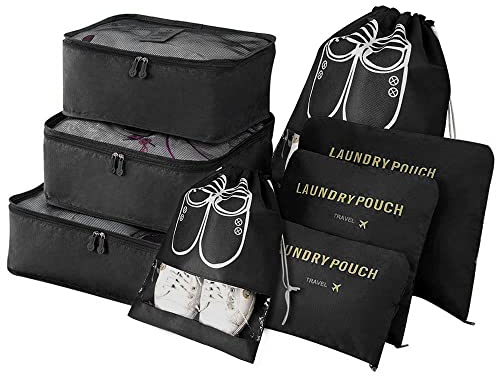 Vicloon Koffer Organizer, 8-in-1-Set Gepäck Organizer, wasserdichte Reise Kleidertaschen umfassen 2 Schuhbeutel, 3 Packwürfel und 3 Aufbewahrungsbeutel, für Kleidung Schuhe Kosmetik - Schwarz