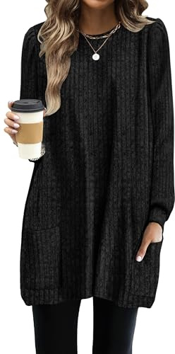 OFEEFAN Women Long Sleeve Sweaters Winter Tunic Tops to Wear with Leggings Black XL