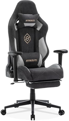 STARUZI Gaming Stuhl mit fußstütze Schwarz Wildlederimitat Stoff Gaming Sessel | Gaming Stuhl für Kinder Erwachsener, Ergonomisch Gamer Stuhl 180 kg Belastbarkeit