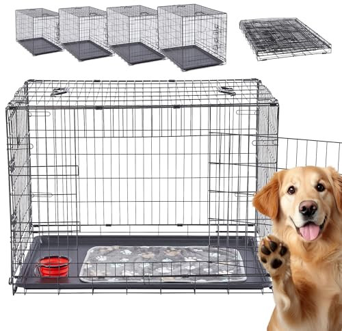 Arebos Jaula para perros de 92,5 x 60 x 66 cm, plegable, con 2 puertas, incluye manta y comedero, color negro