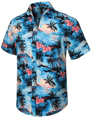 HISDERN Hawaiian Shirts for Men Casual Mens Shirts Short Sleeve Summer Funky Beach Men's Regular Fit Hawaii Print Short Sleeved Aloha Shirt,Blue,M