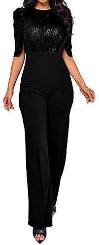 IQYU Byxdress dam festlig elegant bröllop – jumpsuit dam elegant paljett glitter overall cocktail byxkostymer sommar jumpsuits sexig onepiece långa sommaroveraller festkläder kostym