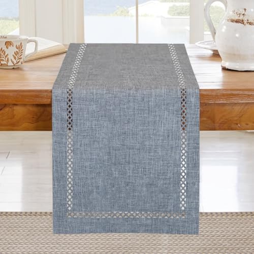 BAZIOE Camino de mesa moderno gris con aspecto de lino, resistente al agua, diseño calado, de, ideal para decoración de fiestas, mesa de comedor, restaurante, fiesta de Navidad.