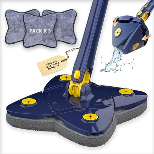 Fregona Triangular Autoescurrible Con 3 Recambios - Mopa para Limpiar Azulejos y Paredes, Giratoria