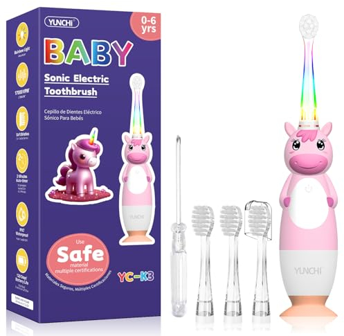 YUNCHI K3 Elektrische Zahnbürste Kinder ab 0-6 Jahre Baby mit buntem LED Licht, Smart Timer, Batteriebetrieben Babyzahnbürste mit 4 Weiche Bürstenköpfe, IPX7 Wasserdicht (Grün Einhorn)