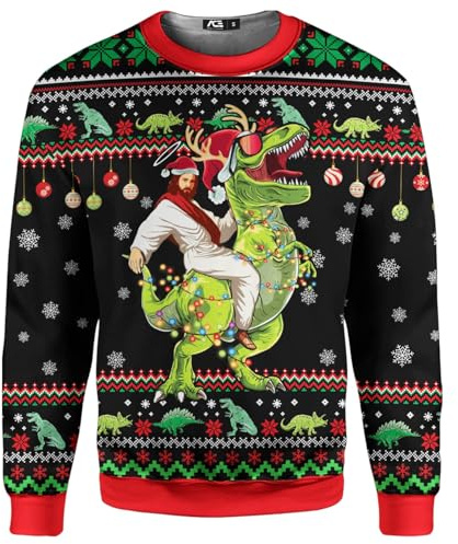 Divertenti Felpe Natalizie per Uomo Donna Maglioni brutti di Natale per Uomo Felpa in Poliestere, Gesù Dinosauro, XX-Large