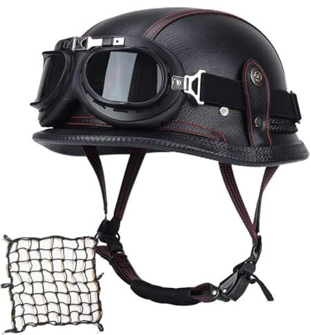 Labzaa Deutschen Motorradhelm Halbschalenhelm mit ECE, Retro Lederhelm Jethelme Vintage Mopedhelm mit Brille Sonnenblende, Offenem Helm für Herren und Damen C L