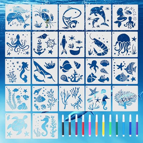 Sxutop 22 Stück Meer Tier Malerei Schablonen Kunststoff Meer Kreaturen Schablonen Malschablone Ozean mit 12 Bürsten Wiederverwendbar Zeichenschablonen für DIY Handwerk Scrabooking Holz Wand (13x13cm)