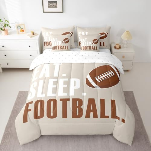 Feelyou Football Comforter Set with Sheets Full Size Rugby Sports 7 Pieces Bedding Set for Kids Boys Girls Teens Beige Brown Sports Ball Game Bed in a Bag Gift for Football Lover Bed Set