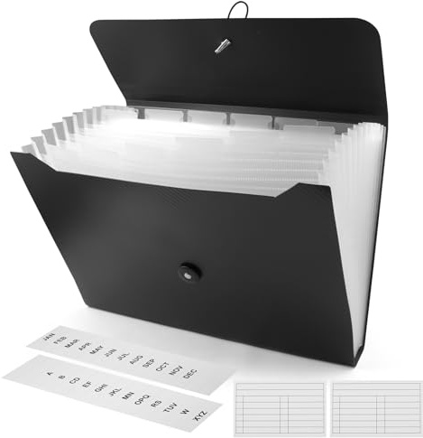 Dokumentmapp A4, 13 fack, svart dokumentficka, utbyggbar mapp, dokumentväskor A4 för kontor, hem, skola