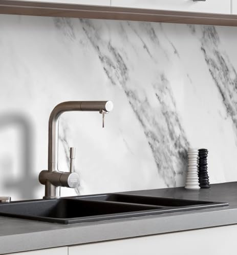MyMaxxi Küchenrückwand selbstklebend - Matte, versteifte Spritzschutz Folie als günstige Alternative zu Glas, einfache Montage & leichte Reinigung - 60 cm hoch - Motiv: Marmor weiß 340 x 60 cm