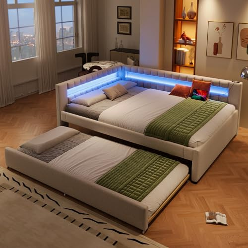 KecDuey Letto imbottito, 140 x 200 cm, con letto estraibile 90 x 190 cm, letto con barra luminosa a LED sul letto, divano letto con rete a doghe, USB + Type-C, lino