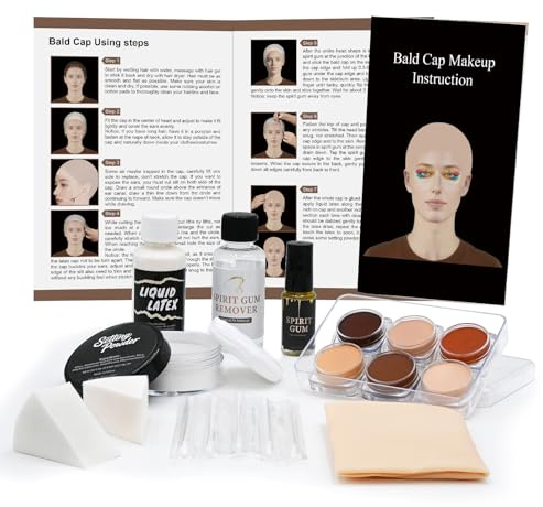 Bald Cap Halloween Makeup Kit for Men & Woman, Complete Bald Cap Costume Character Set , SFX Makeup Kit, Professional Realistic Bald Cap Kits for Halloween Cosplay Make Up, Dress Up, Stage, Theater
