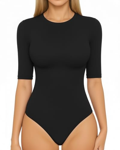 ALGALAROUND Women's Half Sleeve Elbow sleeve Crew Neck Bodysuit 1/2 Sleeve Body Suit Slim Fit Going Out Tops