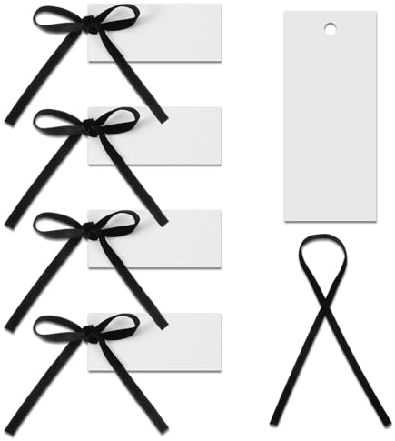 Lot de 50 marque-places vierges avec ruban en velours à suspendre pour mariage, fête, événement, 9 x 4 cm, noir et blanc