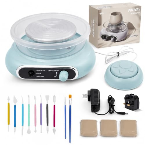 Mini Electric Pottery Wheel Machine for Kids & Adults, DIY Ceramic Art Kit with 3 Air Dry Clay 8 Tools, Foot Pedal Forward Reverse Stepless Speed Control, Mini Pottery Painting Kit Arts and Crafts