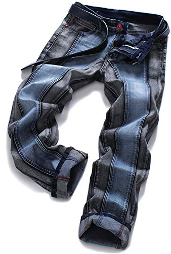 AITITIA Men's Stretch Patchwork Slim Straight Fit Biker Jeans (40, Blue Gray)