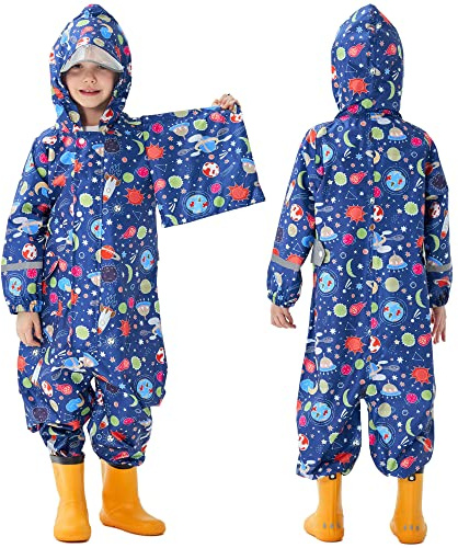 Kids Rain Suit for Boys One Piece Hoodie Zipper Cartoon Waterproof Coverall Toddler Rain Jacket, 5-7 Years L Size