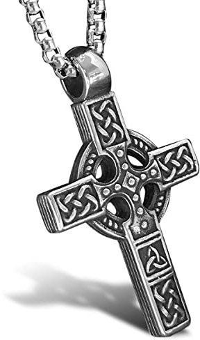 bahamut Mens Viking Odin Celtic Knot Cross Pendant Necklace Stainless Steel, Vintage Norse Amulet Jewelry Viking Gifts for Men (Silver Celtic Cross02)