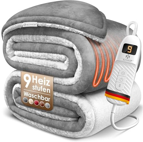 KESSER® Heizdecke mit Abschaltautomatik 180x130cm Doppelseitig Elektrische Wärmedecke | Kuscheldecke Bett, Sofa | 9 Temperaturstufen | waschbar bis 40°C | mit Timer Digitalanzeige Grau