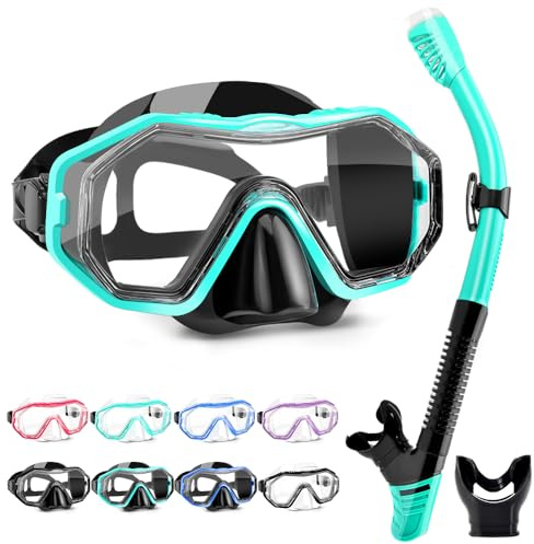 HINATAA Gafas de Buceo, 180° Antivaho Gafas de Snorkel y Antifugas Tubo de Esnórquel de Silicona, Anti UV Máscara de Buceo, Respiración Fácil Set de Snorkel para Adulto y Adolescentes (Negro Verde)