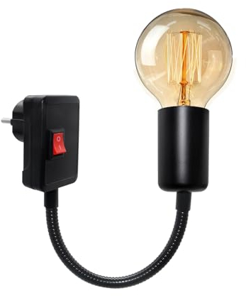 E27 Fassung mit Stecker, Lampenfassung Steckdose mit Schalter, Steckdosenleuchte mit 20CM Flexibel Schwanenhals, Steckdosenlampe, Steckerlampe, Steckerleuchte, Glühbirne Sockeladapter Konverter