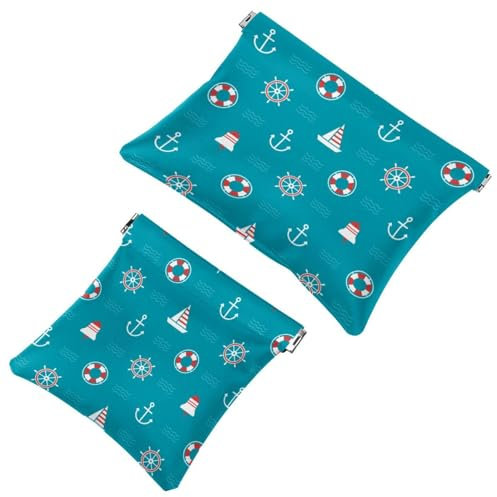 2 PCS Anchor Lifebuoy Compass Blue Pocket Cosmetic Bag, Self-Closing Shrapnel Makeup Pouch, Portable No Zipper Mini Travel Make Up Bag for Coin Lipstick Cosmetics Earphones Jewelry Organizer