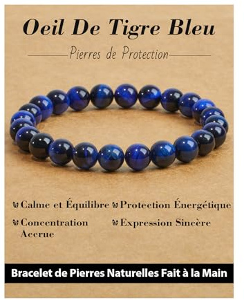 Landorilo Bracelet en Pierre Naturelle de 8 mm Fait à la Main pour Homme et Femme, Bracelets de Yoga Élastique Hautement Poli, Cadeaux de Bijoux Créatifs(Œil De Tigre Bleu)