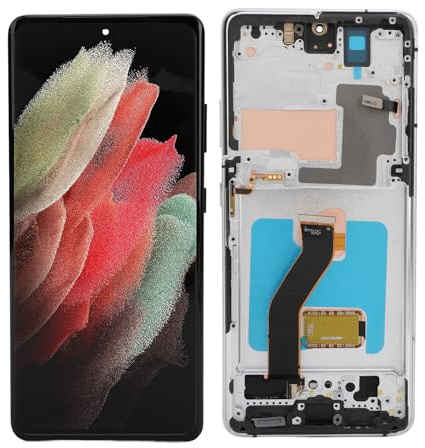 6,8 Tums LCD-digitaliseringsenhet för S21 Ultra 5G, AMOLED-skärm med Hög Ljusstyrka, Utbyte Av Multipekskärm, Mittram, SM G998B EU, Fingeravtryckssensor (Silver)